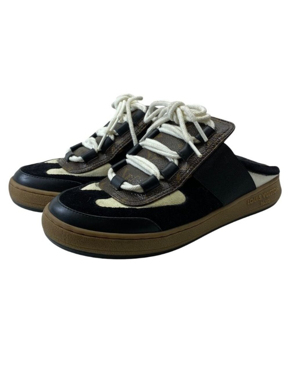 Louis Vuitton Line Sneakers Slip on Sandals Suede Monogram Black: Daily 37.5